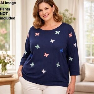 Talbots Women 3X Jacquard‎ Butterfly Sweater Navy 3/4 Sleeve Whimsical Preppy
